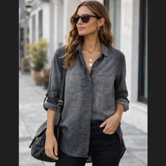 Cloth & Stone Tencel Button Down Shirt M Gray Washed Soft Denim Chic - Picture 2 of 8